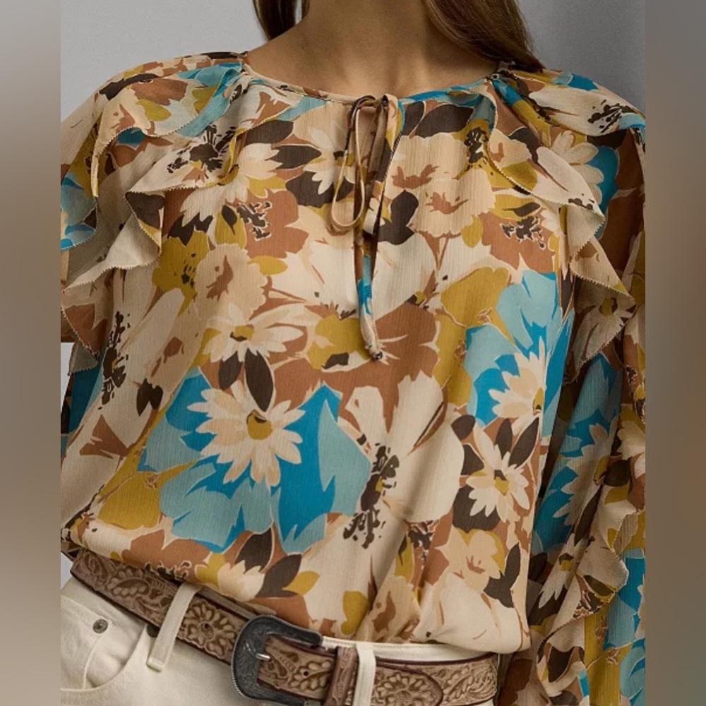 🆕 Lauren Ralph Lauren Floral Blouse Size Large Boho Sheer Multicolor Top Style - Picture 4 of 17